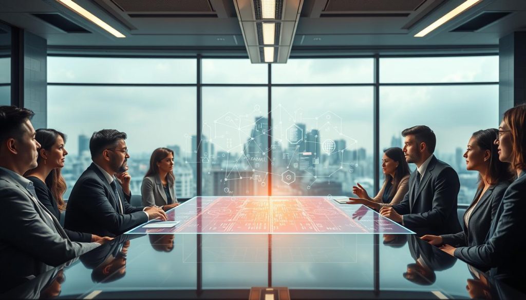 A thoughtful, professional setting depicting the concept of AI bias and fairness. In the foreground, a diverse group of business professionals, both men and women in smart business attire, are engaging in discussions around a large, futuristic table illuminated by soft overhead lighting. The middle ground features a holographic display showcasing algorithms and data flow, symbolizing AI processes. In the background, a large window reveals an urban skyline, suggesting a modern digital landscape. The overall mood is serious yet hopeful, with a warm color palette that conveys collaboration and innovation. Shot from a slightly elevated angle to capture the dynamic interaction among the professionals, creating a visually engaging narrative on addressing bias in AI. A thoughtful, professional setting depicting the concept of AI bias and fairness. In the foreground, a diverse group of business professionals, both men and women in smart business attire, are engaging in discussions around a large, futuristic table illuminated by soft overhead lighting. The middle ground features a holographic display showcasing algorithms and data flow, symbolizing AI processes. In the background, a large window reveals an urban skyline, suggesting a modern digital landscape. The overall mood is serious yet hopeful, with a warm color palette that conveys collaboration and innovation. Shot from a slightly elevated angle to capture the dynamic interaction among the professionals, creating a visually engaging narrative on addressing bias in AI.