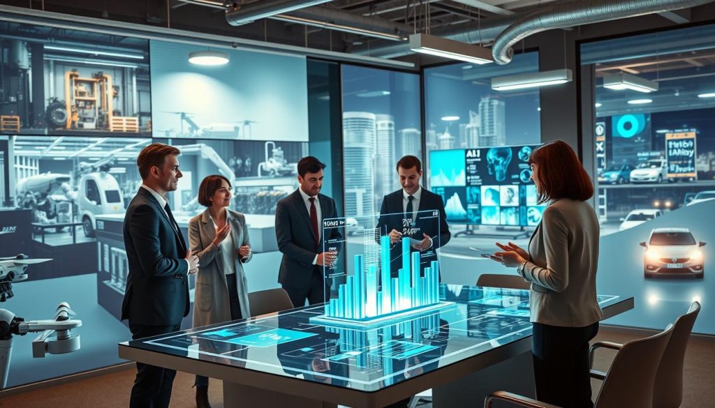 A vibrant and dynamic office environment showcasing AI applications across various industries. In the foreground, a diverse group of professionals in business attire collaborate around a high-tech table displaying holographic data analytics, symbolizing the integration of AI in business. In the middle ground, scenes of automated robots working in a manufacturing plant and AI-assisted healthcare professionals analyzing patient data on digital screens. In the background, futuristic cityscape with drones delivering packages and connected cars, emphasizing AI’s impact on transportation and logistics. Soft, ambient lighting illuminates the space, creating a sense of innovation and collaboration. The atmosphere is optimistic and forward-thinking, reflecting the transformative capabilities of AI in enhancing human efficiency and productivity. A vibrant and dynamic office environment showcasing AI applications across various industries. In the foreground, a diverse group of professionals in business attire collaborate around a high-tech table displaying holographic data analytics, symbolizing the integration of AI in business. In the middle ground, scenes of automated robots working in a manufacturing plant and AI-assisted healthcare professionals analyzing patient data on digital screens. In the background, futuristic cityscape with drones delivering packages and connected cars, emphasizing AI’s impact on transportation and logistics. Soft, ambient lighting illuminates the space, creating a sense of innovation and collaboration. The atmosphere is optimistic and forward-thinking, reflecting the transformative capabilities of AI in enhancing human efficiency and productivity.