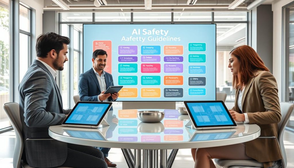 A visually engaging representation of "AI Safety Guidelines" in a modern, professional setting. In the foreground, a diverse group of three business professionals—two men and one woman—are actively discussing safety protocols around a sleek, round conference table adorned with digital tablets displaying clear frameworks. The middle ground features a large, transparent screen showcasing colorful infographics detailing AI safety principles, such as transparency, accountability, and ethics. In the background, the modern office space is brightly lit with natural sunlight filtering through large windows, creating a vibrant and inviting atmosphere. The image captures a mood of collaboration and innovation, emphasizing the importance of AI safety in today's technology-driven world, framed from a slightly elevated angle to provide depth and perspective.