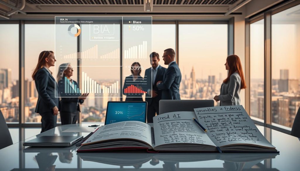 A visually striking representation of "Bias in Algorithms Examples," featuring a futuristic office setting. In the foreground, a diverse group of professionals in business attire engage with a holographic display depicting various algorithms. The hologram shows contrasting data sets, highlighting bias through visuals like skewed pie charts and uneven bar graphs. In the middle ground, a sleek desk with laptops and digital devices showcases contrasting statistics, while an open notebook with handwritten notes on AI bias adds a personal touch. In the background, large windows reveal a cityscape bathed in soft daylight, creating an optimistic atmosphere. The lighting is bright and focused on the team, evoking collaboration and innovation. The overall mood blends curiosity and concern, providing a thought-provoking visual narrative on AI bias.