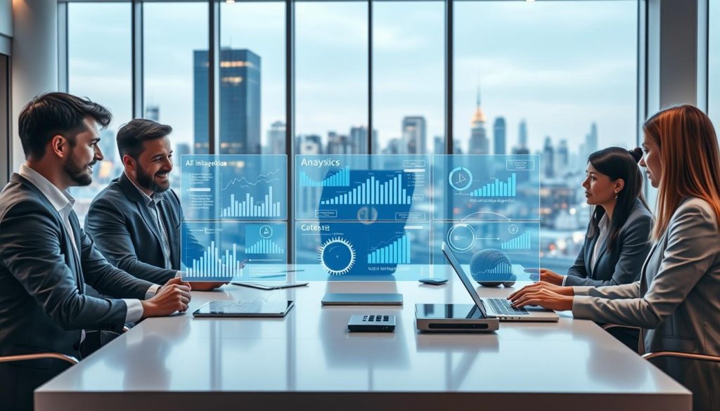 A visually striking representation of an "AI Innovation Feedback Loop" set against a futuristic office environment. In the foreground, a diverse group of professionals in business attire (two men and a woman) interact around a sleek, modern table filled with digital devices displaying analytics and AI algorithms. The middle layer features transparent screens with dynamic data visualization graphics, illustrating a continuous flow of information and ideas. In the background, large windows reveal a vibrant cityscape, symbolizing progress and innovation. Soft, ambient lighting casts a warm glow, enhancing a collaborative atmosphere. Use a wide-angle lens to capture the depth of the scene, emphasizing connectivity and engagement. The overall mood should convey excitement and optimism about the fusion of human creativity and AI technology, focusing on continuous improvement and collaboration.