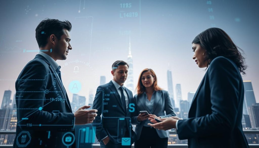 A visually striking representation of transparency in AI systems, featuring a semi-transparent computer interface in the foreground with floating data streams and algorithms. In the middle ground, a diverse group of professionals in business attire—men and women of different ethnic backgrounds—are engaged in a collaborative discussion, analyzing the interface. The background showcases a futuristic city skyline, symbolizing innovation and progress, bathed in soft, cool lighting to evoke a sense of clarity and trust. The perspective is a low-angle shot, emphasizing the importance of transparency in technology. The atmosphere is one of optimism and collaboration, highlighting the human-AI alliance in navigating the future.