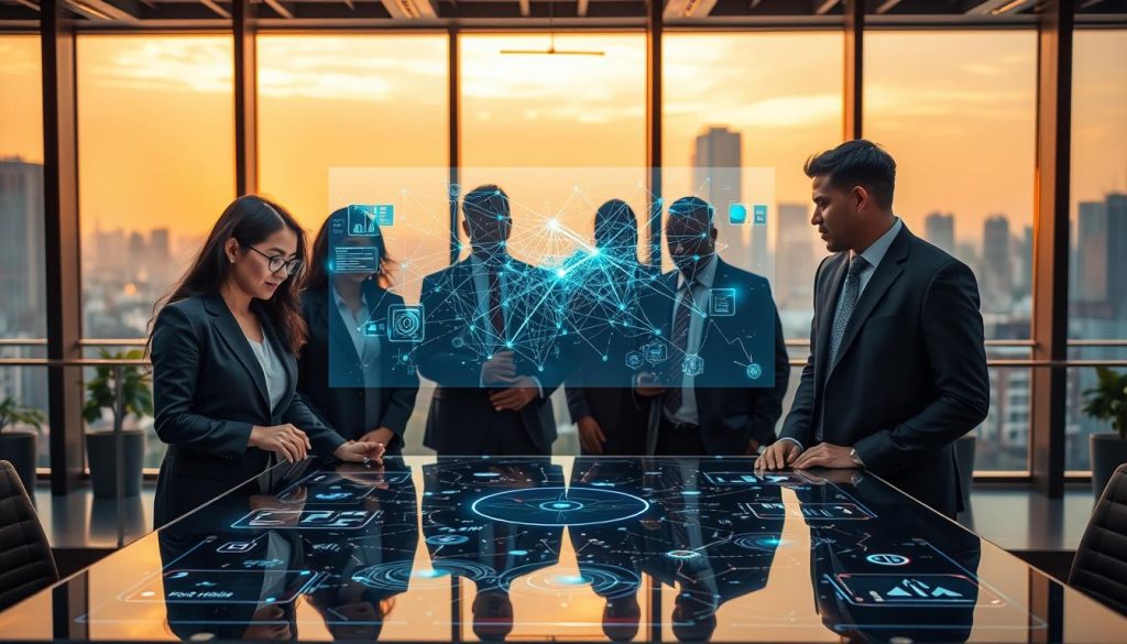 A visually striking scene depicting the concept of "Enhancing AI Transparency." In the foreground, a diverse group of professionals dressed in business attire, including a woman of Asian descent and a man of African descent, are gathered around a sleek, futuristic table with holographic interfaces displaying algorithms and data visualizations. In the middle ground, a translucent digital screen showcases a network of interconnected data points, glowing softly in shades of blue and green. The background features a high-tech office environment with large windows overlooking a city skyline, bathed in warm afternoon light. The atmosphere is one of innovation and collaboration, emphasizing clarity and openness in technology. The image captures a moment of discussion and analysis, symbolizing the importance of transparency in AI. A visually striking scene depicting the concept of "Enhancing AI Transparency." In the foreground, a diverse group of professionals dressed in business attire, including a woman of Asian descent and a man of African descent, are gathered around a sleek, futuristic table with holographic interfaces displaying algorithms and data visualizations. In the middle ground, a translucent digital screen showcases a network of interconnected data points, glowing softly in shades of blue and green. The background features a high-tech office environment with large windows overlooking a city skyline, bathed in warm afternoon light. The atmosphere is one of innovation and collaboration, emphasizing clarity and openness in technology. The image captures a moment of discussion and analysis, symbolizing the importance of transparency in AI.