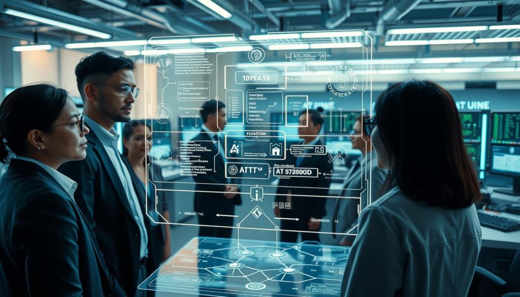 An intricate and futuristic workspace illustrating "AI Safety Protocols." In the foreground, a diverse group of professionals in business attire attentively monitors holographic displays showcasing AI control systems and safety metrics. Their expressions reflect focus and determination. The middle layer features a sleek, transparent interface displaying complex algorithms and safety protocols, with glowing lines connecting different modules. The background consists of a high-tech lab filled with advanced computers and digital screens, illuminated by soft blue and green lighting casting a calm yet serious atmosphere. The angle is slightly elevated, giving a panoramic view of this collaborative environment. Soft shadows add depth while ensuring a professional and engaging mood suitable for discussing mechanisms of AI control. An intricate and futuristic workspace illustrating "AI Safety Protocols." In the foreground, a diverse group of professionals in business attire attentively monitors holographic displays showcasing AI control systems and safety metrics. Their expressions reflect focus and determination. The middle layer features a sleek, transparent interface displaying complex algorithms and safety protocols, with glowing lines connecting different modules. The background consists of a high-tech lab filled with advanced computers and digital screens, illuminated by soft blue and green lighting casting a calm yet serious atmosphere. The angle is slightly elevated, giving a panoramic view of this collaborative environment. Soft shadows add depth while ensuring a professional and engaging mood suitable for discussing mechanisms of AI control.