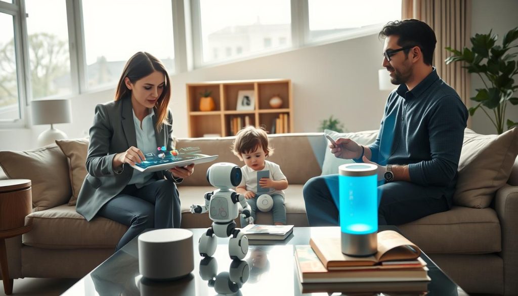 In a bright, modern living room, a diverse group of three people interacts with various AI technologies. In the foreground, a woman in business attire is using a holographic touchscreen tablet to manage her smart home devices, while a man in casual clothing converses with a virtual assistant projected from a sleek AI speaker on a coffee table. In the middle, a child is playing with an educational AI robot toy, surrounded by colorful books and learning materials. The background features large windows allowing natural light to flood the space, creating a warm and inviting atmosphere. Soft shadows enhance the mood, showcasing a harmonious integration of AI in daily life, emphasizing a future where technology enhances human experience. In a bright, modern living room, a diverse group of three people interacts with various AI technologies. In the foreground, a woman in business attire is using a holographic touchscreen tablet to manage her smart home devices, while a man in casual clothing converses with a virtual assistant projected from a sleek AI speaker on a coffee table. In the middle, a child is playing with an educational AI robot toy, surrounded by colorful books and learning materials. The background features large windows allowing natural light to flood the space, creating a warm and inviting atmosphere. Soft shadows enhance the mood, showcasing a harmonious integration of AI in daily life, emphasizing a future where technology enhances human experience.