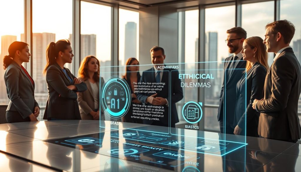 In a futuristic office setting, a diverse group of professionals in business attire stands around a sleek, modern conference table, engaged in a thoughtful discussion about advanced AI technologies. The foreground features a close-up of a holographic interface displaying ethical dilemmas related to AI, with vivid visuals representing data privacy, bias, and accountability. In the middle ground, colleagues of various ethnicities share insights, their expressions serious yet collaborative, engaging in the decision-making process. The background reveals large windows overlooking a thriving cityscape, bathed in warm, natural light, symbolizing hope for the future. The atmosphere is one of professionalism and contemplation, inviting viewers to reflect on the important ethical considerations in AI development. The angle is slightly elevated, capturing the dynamic interaction and the intricate details of the holographic display.