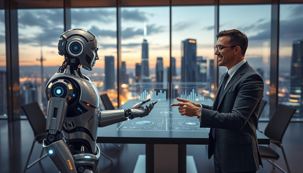 In a futuristic office setting, a humanoid robot and a human in professional business attire are engaged in a collaborative brainstorming session. The foreground showcases the robot with intricate metallic features, glowing LED accents, and a friendly, intelligent expression, standing next to the human who is enthusiastically pointing at a holographic display. The middle layer features a sleek, high-tech conference table with digital interfaces displaying complex data analytics and AI models. The background reveals a panoramic cityscape through large glass windows, where advanced skyscrapers are illuminated against a twilight sky, symbolizing technological progress. Soft, warm lighting casts an optimistic and innovative atmosphere, highlighting the synergy between human and artificial intelligence, suggesting a harmonious collaboration in the pursuit of excellence. In a futuristic office setting, a humanoid robot and a human in professional business attire are engaged in a collaborative brainstorming session. The foreground showcases the robot with intricate metallic features, glowing LED accents, and a friendly, intelligent expression, standing next to the human who is enthusiastically pointing at a holographic display. The middle layer features a sleek, high-tech conference table with digital interfaces displaying complex data analytics and AI models. The background reveals a panoramic cityscape through large glass windows, where advanced skyscrapers are illuminated against a twilight sky, symbolizing technological progress. Soft, warm lighting casts an optimistic and innovative atmosphere, highlighting the synergy between human and artificial intelligence, suggesting a harmonious collaboration in the pursuit of excellence.