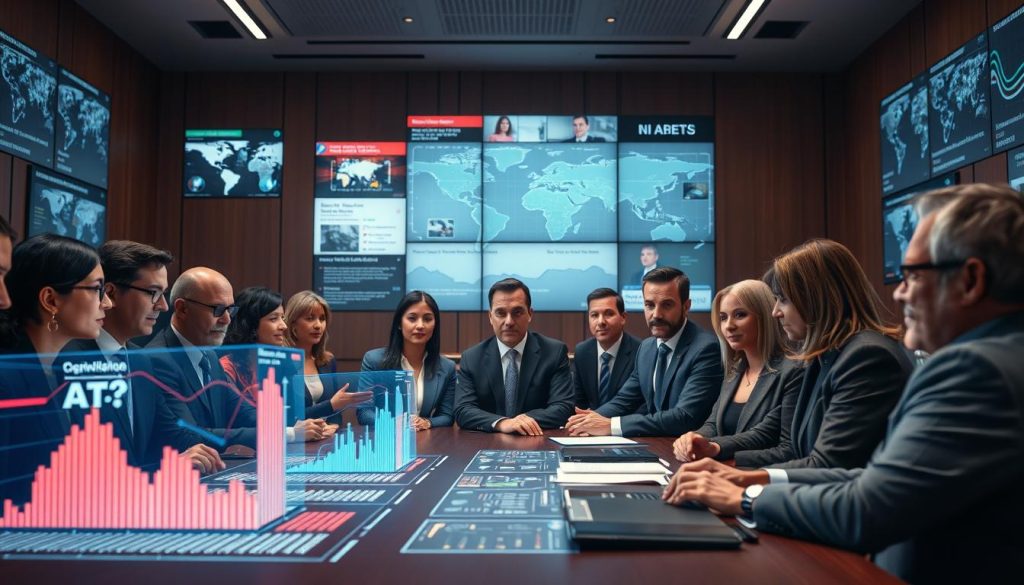 In a modern government building, a diverse group of policymakers, including men and women in professional business attire, gather around a large table littered with digital screens displaying graphs and AI algorithms. In the foreground, a holographic interface projects data visualizations of AI regulation dilemmas. The middle layer features thoughtful expressions on the participants' faces, illustrating intense discussions. The background reveals a wall of screens showing news headlines and global maps highlighting AI's impact on society. Soft, ambient lighting casts a warm glow, enhancing the serious yet hopeful atmosphere of collaboration and innovation. The angle captures both the participants and the surrounding technology, emphasizing the intersection of AI and governance. In a modern government building, a diverse group of policymakers, including men and women in professional business attire, gather around a large table littered with digital screens displaying graphs and AI algorithms. In the foreground, a holographic interface projects data visualizations of AI regulation dilemmas. The middle layer features thoughtful expressions on the participants' faces, illustrating intense discussions. The background reveals a wall of screens showing news headlines and global maps highlighting AI's impact on society. Soft, ambient lighting casts a warm glow, enhancing the serious yet hopeful atmosphere of collaboration and innovation. The angle captures both the participants and the surrounding technology, emphasizing the intersection of AI and governance.