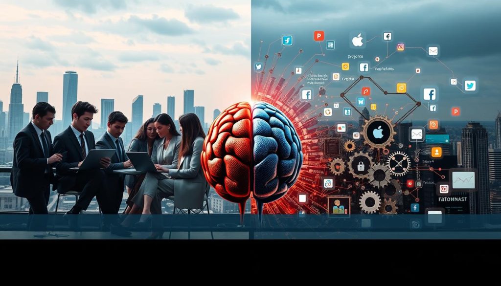 In the foreground, depict a split screen showing two contrasting scenes: on one side, a diverse group of professionals in business attire, diligently analyzing data on laptops, representing ethical AI development; on the other, a chaotic setting where algorithms and code appear to generate biased outcomes affecting everyday lives. In the middle ground, visual metaphors like a brain made of circuit boards and gears intertwining with social media icons symbolize the sources of AI bias. The background should include a city skyline and a digital data landscape, emphasizing the urban influence on technology. Use soft, dramatic lighting to create a serious mood, focusing the viewer's attention on the division between responsible AI practices and the consequences of bias in society. The angle should be slightly upward, suggesting hope and progress.